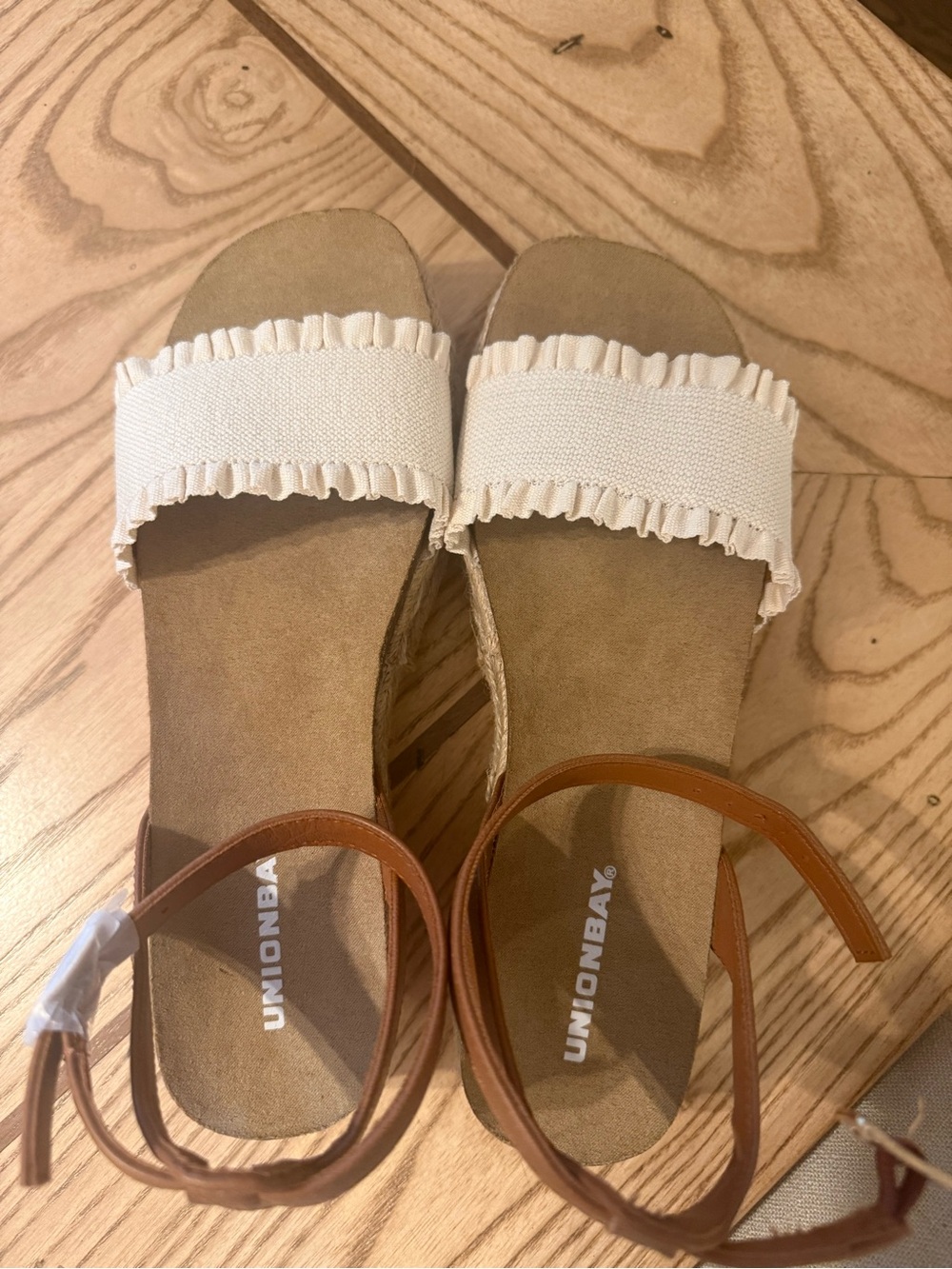 UNIONBAY Cream Ruffle Espadrille Slide Sandals with Tan Ankle Wrap